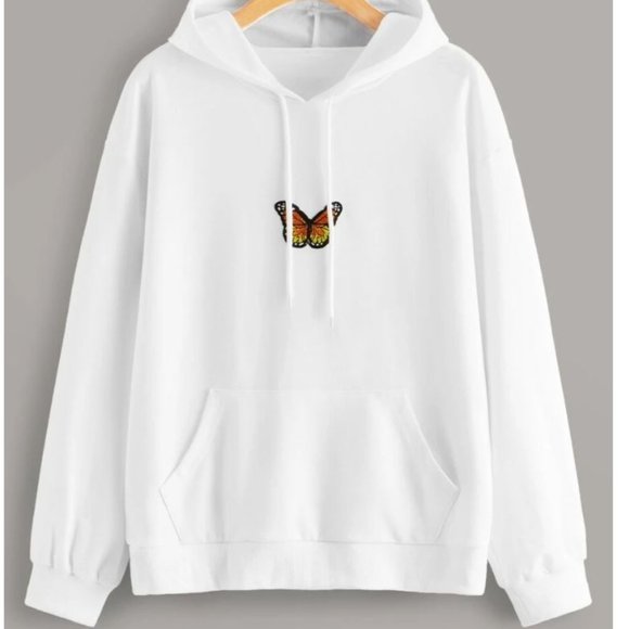 SHEIN Tops - SHEIN White Butterfly Drawstring Hoodie Size S